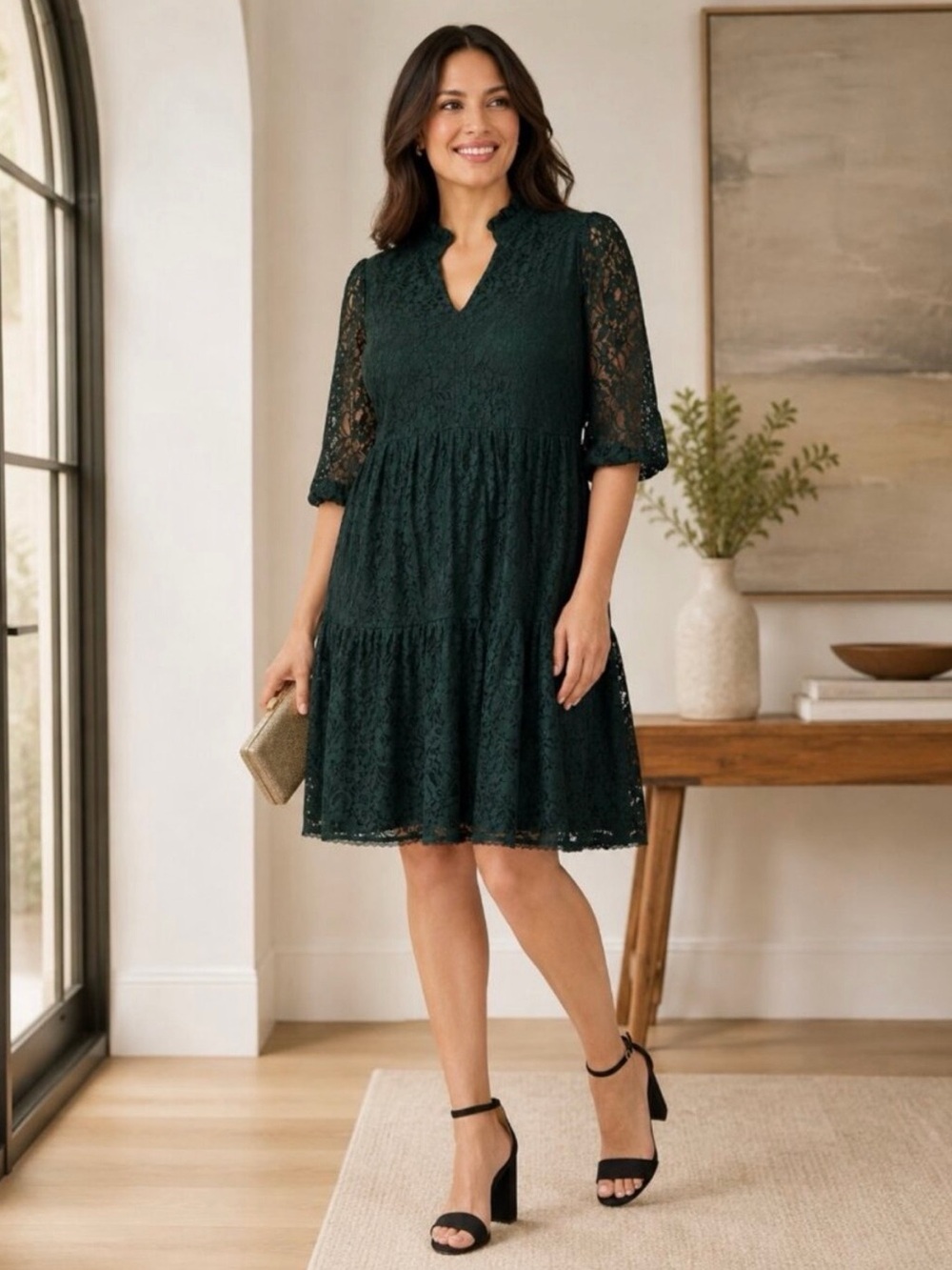Jessica Howard Emerald Green Floral Lace Tiered Dress Size 12 Wedding Guest